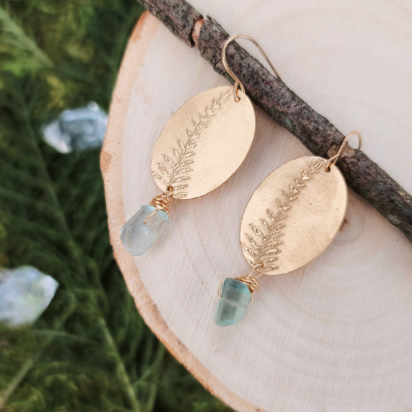 Brass Fern Earrings with Pale Green Flourite