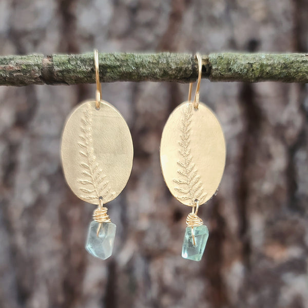 Brass Fern Earrings with Pale Green Flourite