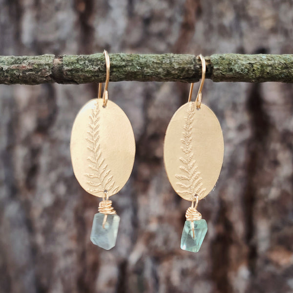 Brass Fern Earrings with Pale Green Flourite