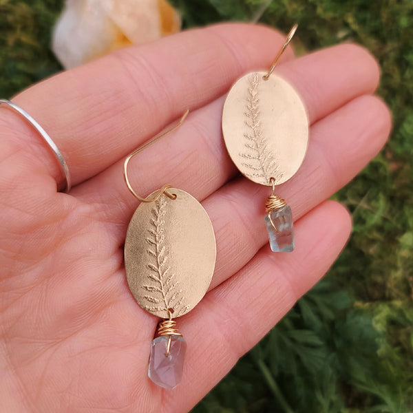 Brass Fern Earrings with Pale Green Flourite