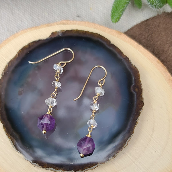 14k gold fill Herkimer Diamond & Amethyst dangle earrings