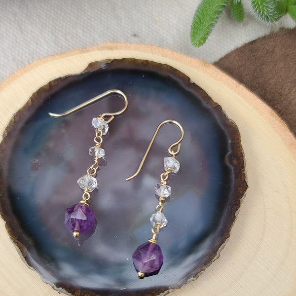 14k gold fill Herkimer Diamond & Amethyst dangle earrings