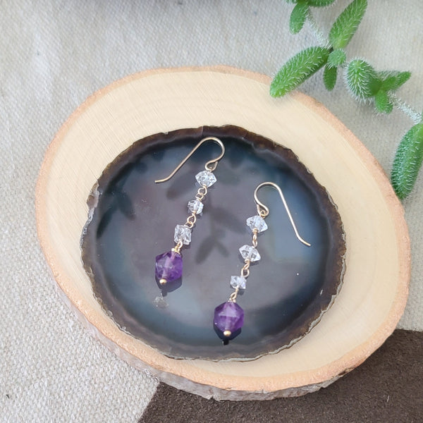 14k gold fill Herkimer Diamond & Amethyst dangle earrings