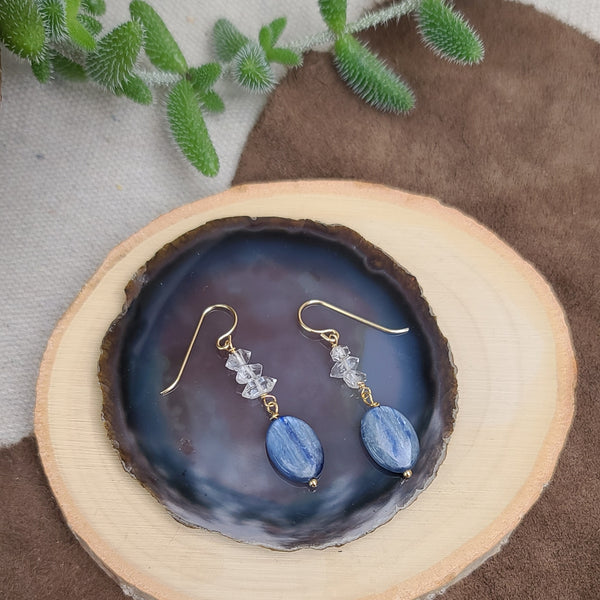 14k gold filled Herkimer Diamond and Kyanite dangle earrings