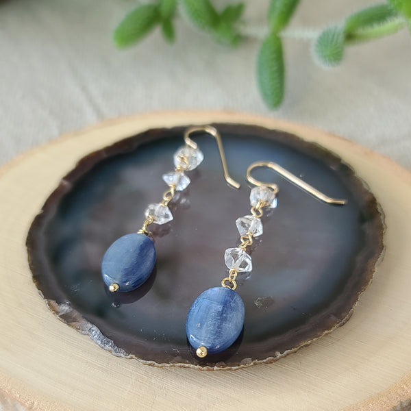 14k gold filled Herkimer Diamond and Kyanite dangle earrings