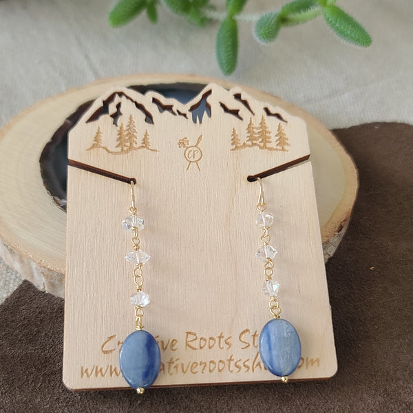 14k gold filled Herkimer Diamond and Kyanite dangle earrings
