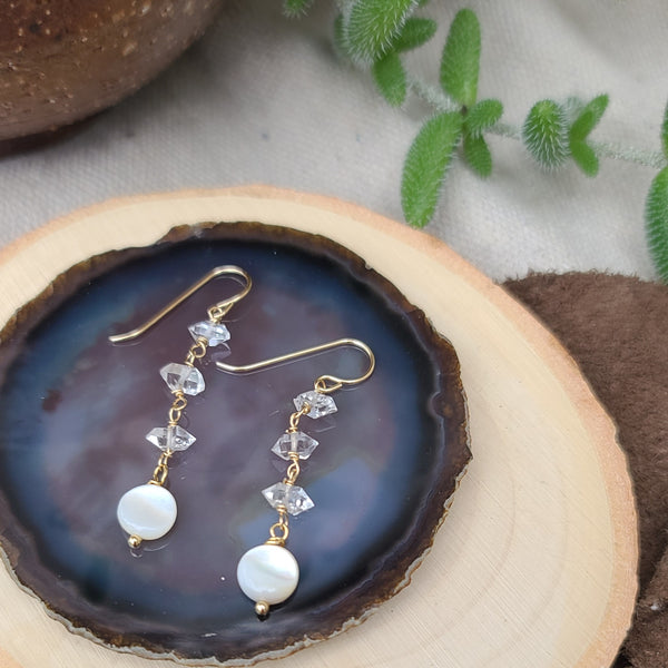 14k gold Herkimer Diamond and Shell Dangle Earrings