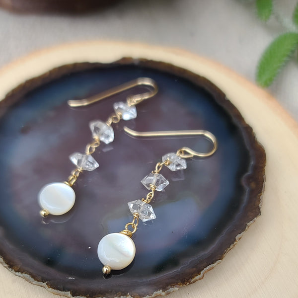 14k gold Herkimer Diamond and Shell Dangle Earrings