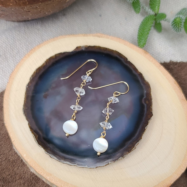 14k gold Herkimer Diamond and Shell Dangle Earrings