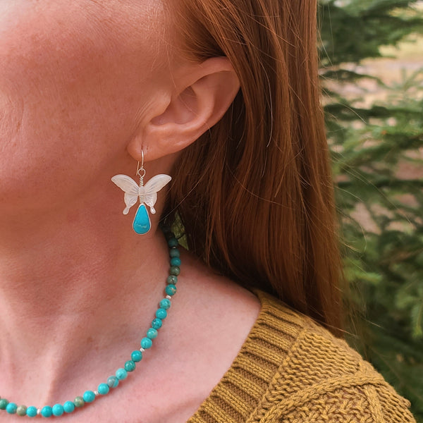 Artisan Made Mother of Pearl Butterfly & Turquoise Statement Earrings