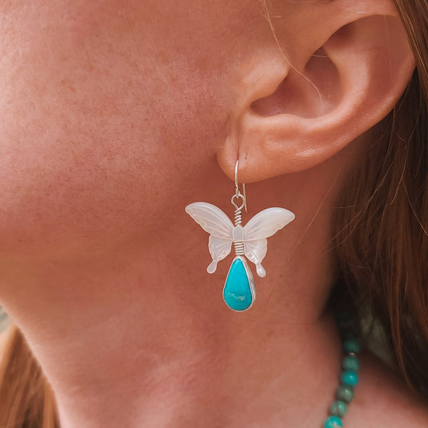 Artisan Made Mother of Pearl Butterfly & Turquoise Statement Earrings