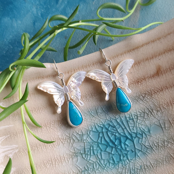 Artisan Made Mother of Pearl Butterfly & Turquoise Statement Earrings