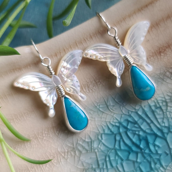 Artisan Made Mother of Pearl Butterfly & Turquoise Statement Earrings