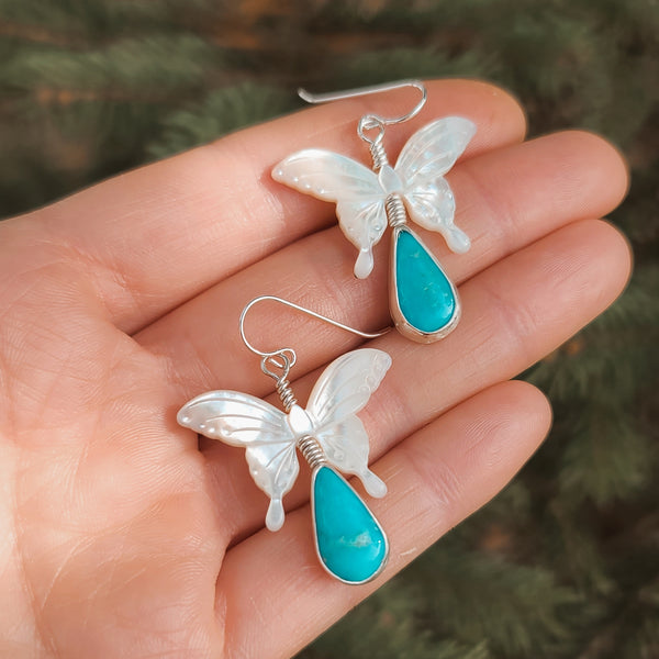 Artisan Made Mother of Pearl Butterfly & Turquoise Statement Earrings