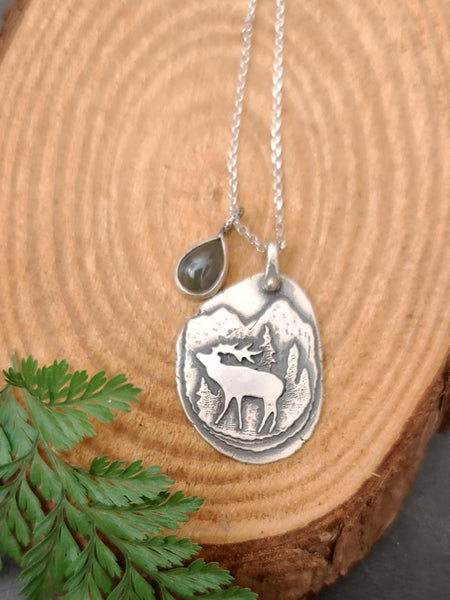 Recycled Sterling Silver Elk & Sapphire Pendant