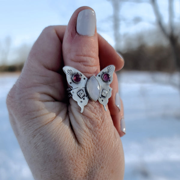 Butterfly Statement Ring with Rainbow Moonstone & Tourmaline