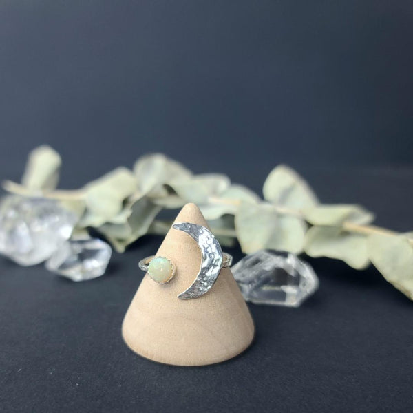 Sterling Silver Opal & Crescent Moon Wrap Ring