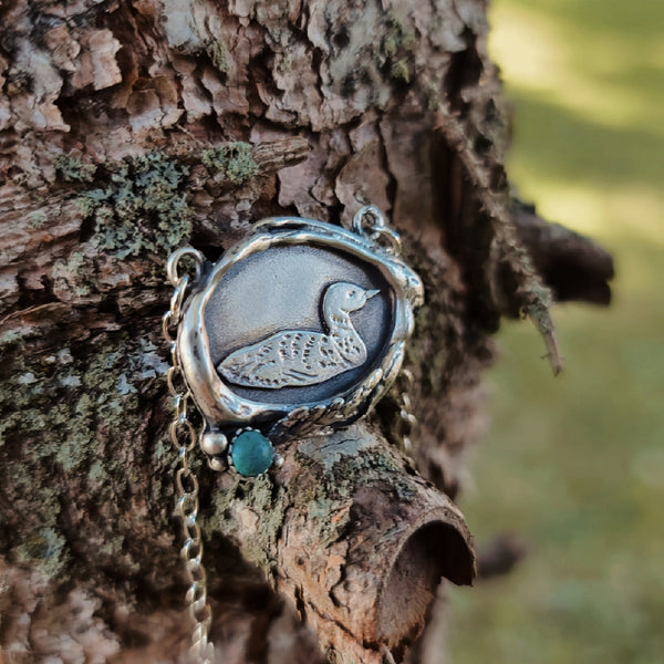 Sterling Silver Rustic Loon Pendant with Chrysocolla Stone