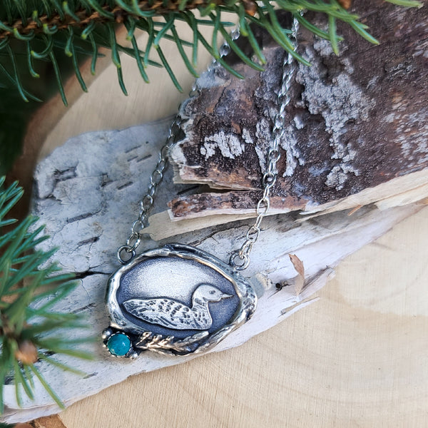 Sterling Silver Rustic Loon Pendant with Chrysocolla Stone