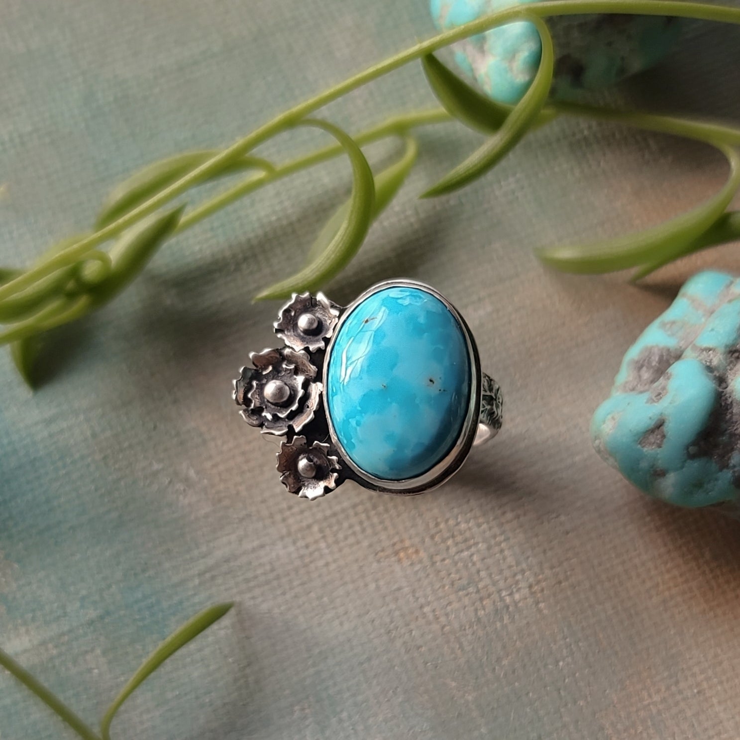 Sterling Silver & Turquoise Floral Statement Ring