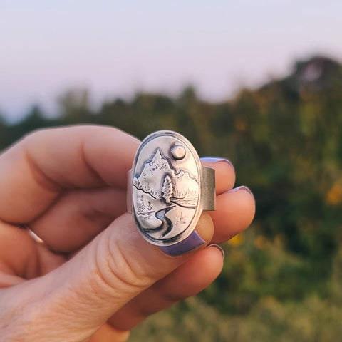 Sterling Silver Mountain & Winding River Saddle Ring