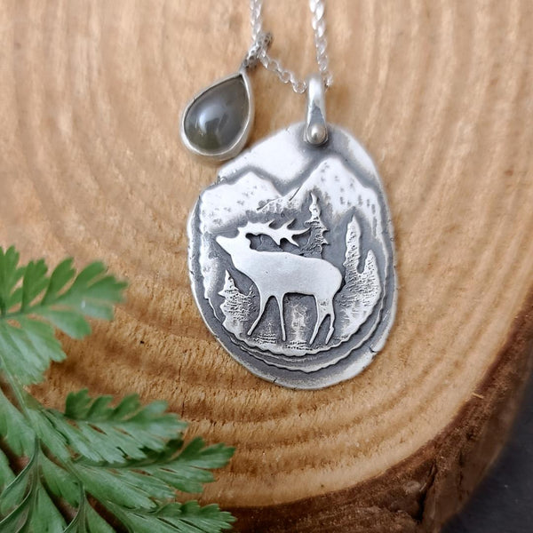 Recycled Sterling Silver Elk & Sapphire Pendant