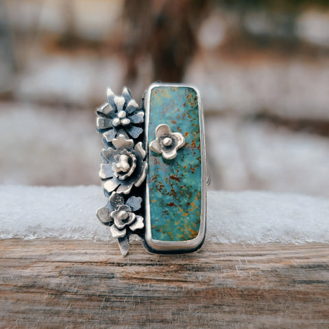 Sonoran Turquoise With Spring Flowers Statement Ring