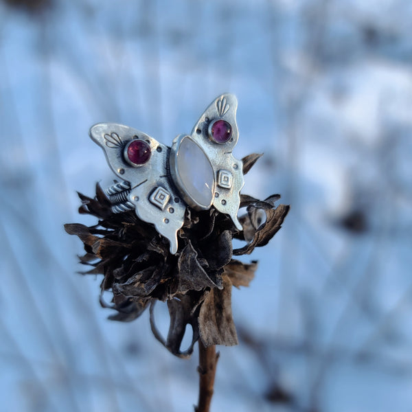 Butterfly Statement Ring with Rainbow Moonstone & Tourmaline